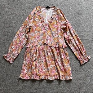 Wednesday's Girl V Neck Frill Detail Autumnal Floral Mini Smock Dress Woman’s XS
